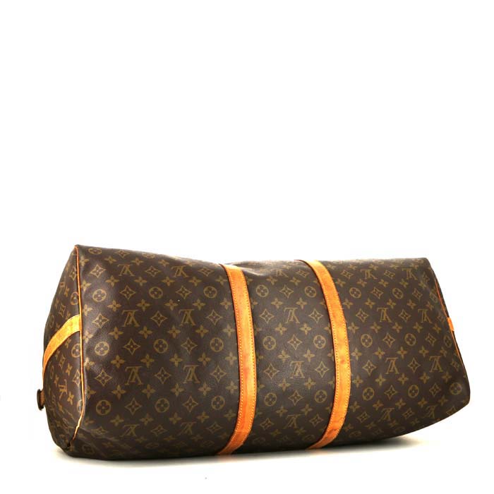 Louis Vuitton Keepall 60 cm travel bag in brown monogram canvas and natural leather - Detail D5