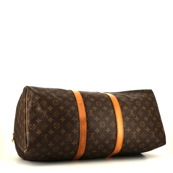 Bolsa de viaje Louis Vuitton Keepall 50 cm en lona Monogram marrón y cuero natural - Detail D4
