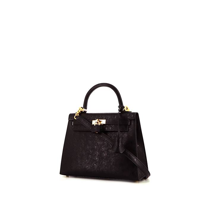 Hermes Kelly 25 Top Handle Bag in Black Ostrich Leather with Gold