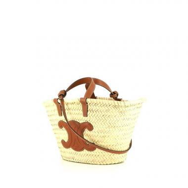 Bolso Cabás Celine Panier Triomphe Teen en raffia natural y cuero color oro