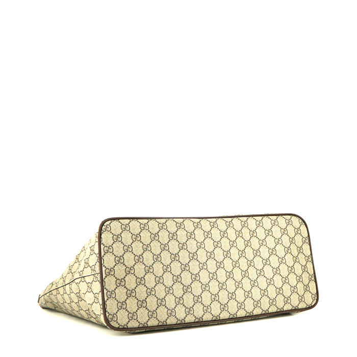 Gucci Suprême GG shopping bag in beige monogram canvas and brown leather - Detail D5