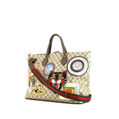 Shopping bag Gucci Suprême GG in tela monogram cerata beige motivi e pelle marrone