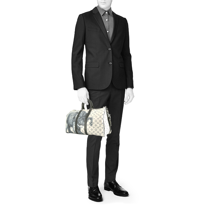 Louis Vuitton Keepall 55 cm Chapman Brothers travel bag in off-white and navy blue monogram canvas and navy blue leather - Detail D1