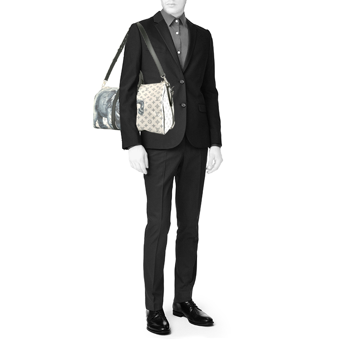 Louis Vuitton Keepall 55 cm Chapman Brothers travel bag in off-white and navy blue monogram canvas and navy blue leather - Detail D2