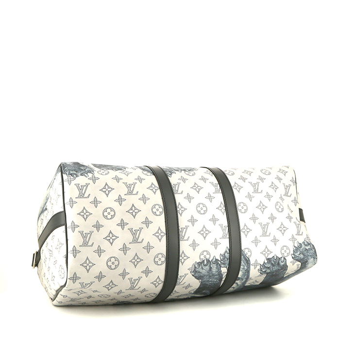 Sac de voyage Louis Vuitton Keepall 55 cm Chapman Brothers en toile monogram enduite blanc-cassé et bleu-marine et cuir bleu-marine - Detail D5