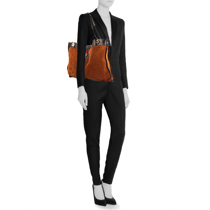 Sac cabas Gucci Rajah en daim marron et cuir verni noir - Detail D1