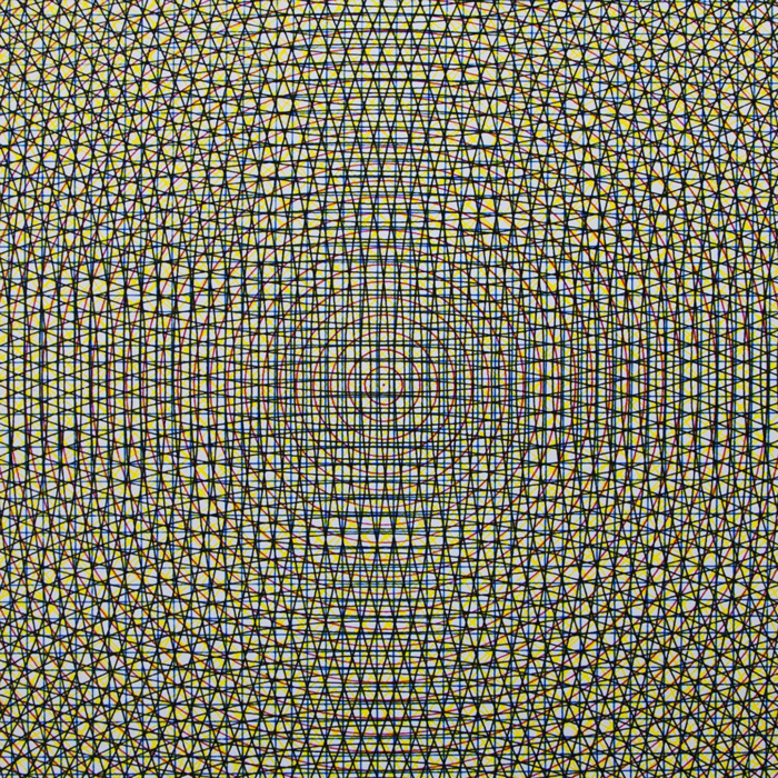 Sol LeWitt, "Blue grid, red circles, black arcs from four sides, and yellow arcs from four corners", silkscreen on paper, sheet 23 from the album "All Combinations...", signed, numbered and titled, of 1972 - Detail D1