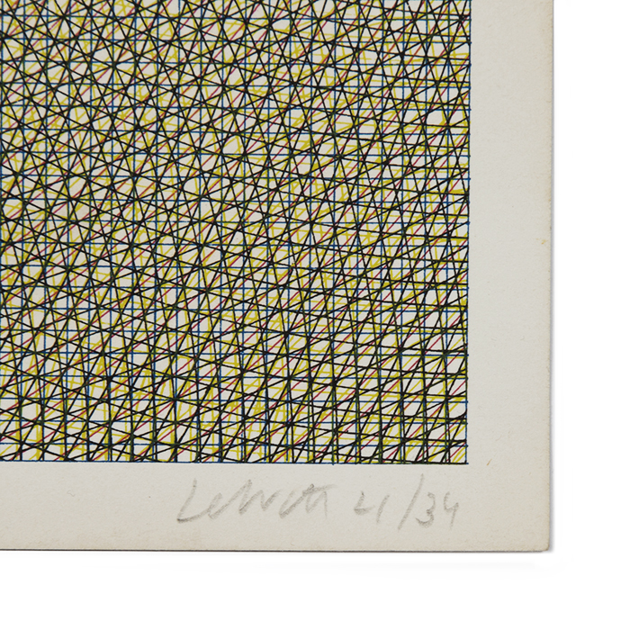 Sol LeWitt, "Blue grid, red circles, black arcs from four sides, and yellow arcs from four corners", sérigraphie sur papier, planche 23 de l'album "All Combinations...", signée, numérotée et titrée, de 1972