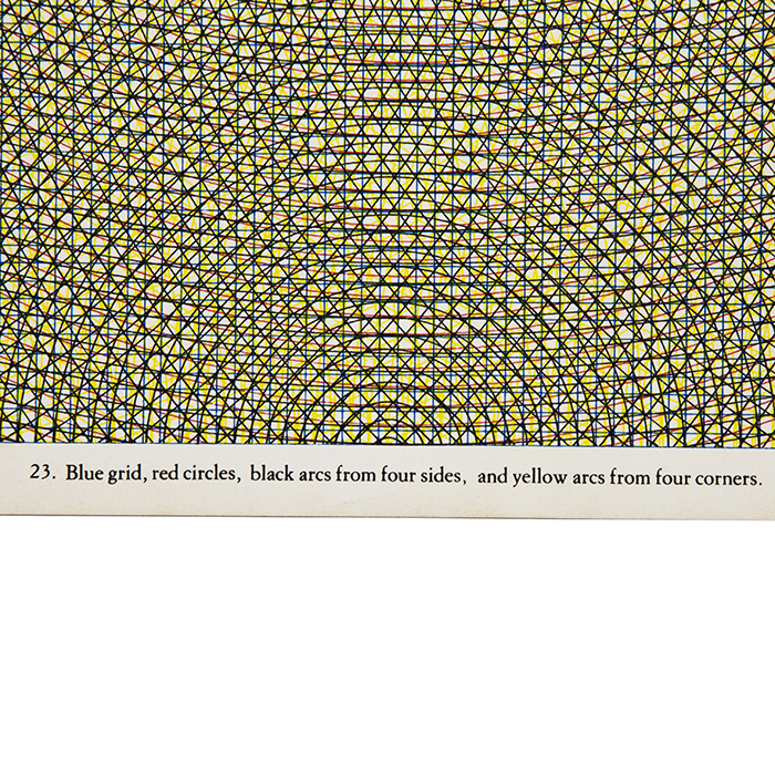 Sol LeWitt, "Blue grid, red circles, black arcs from four sides, and yellow arcs from four corners", silkscreen on paper, sheet 23 from the album "All Combinations...", signed, numbered and titled, of 1972 - Detail D3