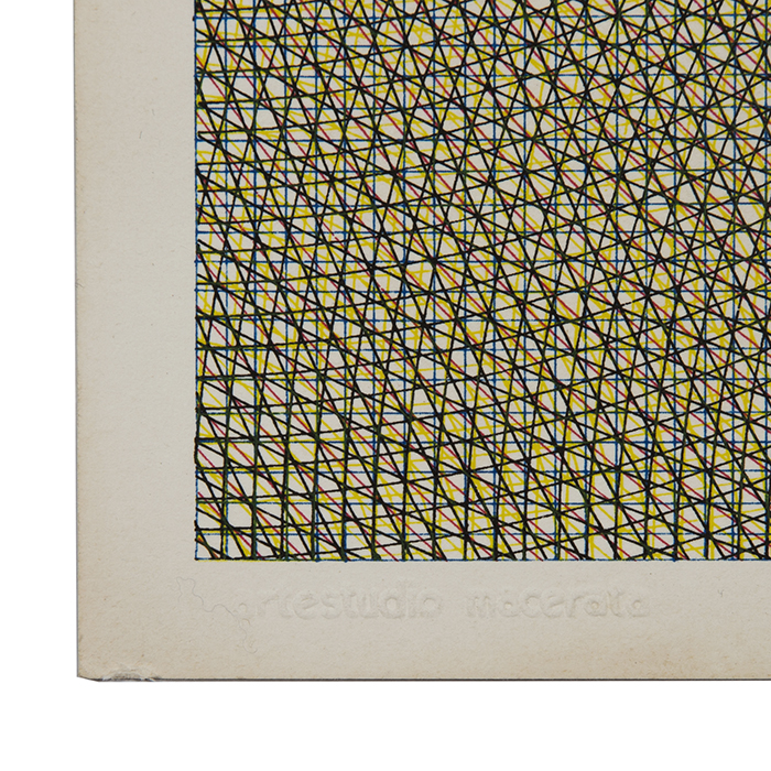 Sol LeWitt, "Blue grid, red circles, black arcs from four sides, and yellow arcs from four corners", silkscreen on paper, sheet 23 from the album "All Combinations...", signed, numbered and titled, of 1972 - Detail D4