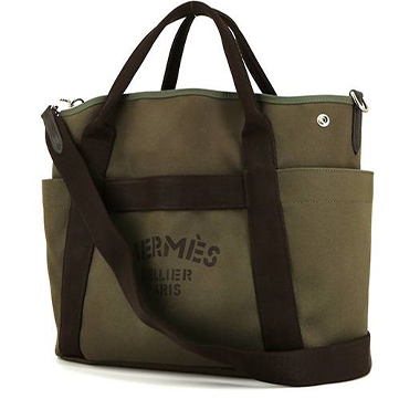 Shopping bag Hermès  Sac de pansage Groom in tela verde kaki e marrone