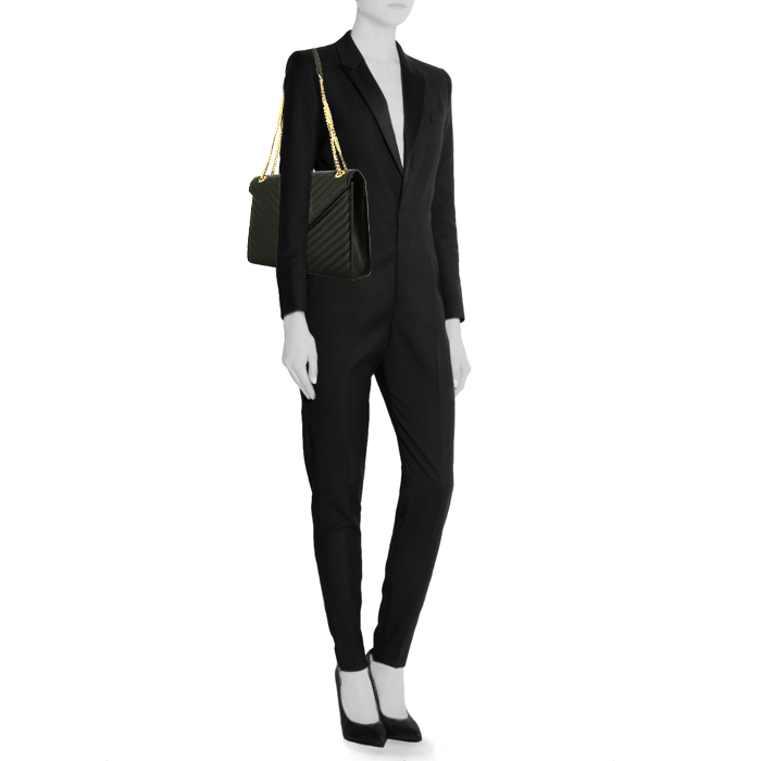 Saint Laurent College shoulder bag in black chevron quilted leather - Detail D1