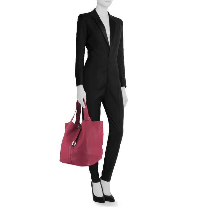 Sac à main Hermes Picotin 22 cm en cuir taurillon clémence rose-framboise - Detail D1