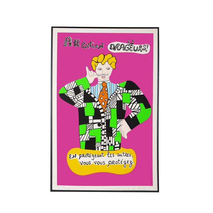 Niki de Saint Phalle, "Attention dragueurs", sérigraphie en couleurs sur papier, signée, numérotée, annotée et encadrée, de 1990 - 00pp