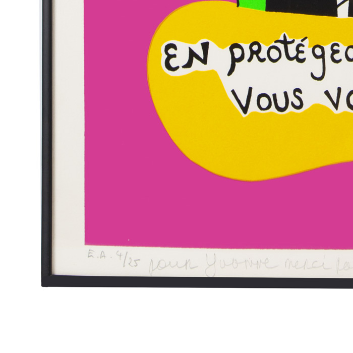 Niki de Saint Phalle, "Attention dragueurs", sérigraphie en couleurs sur papier, signée, numérotée, annotée et encadrée, de 1990