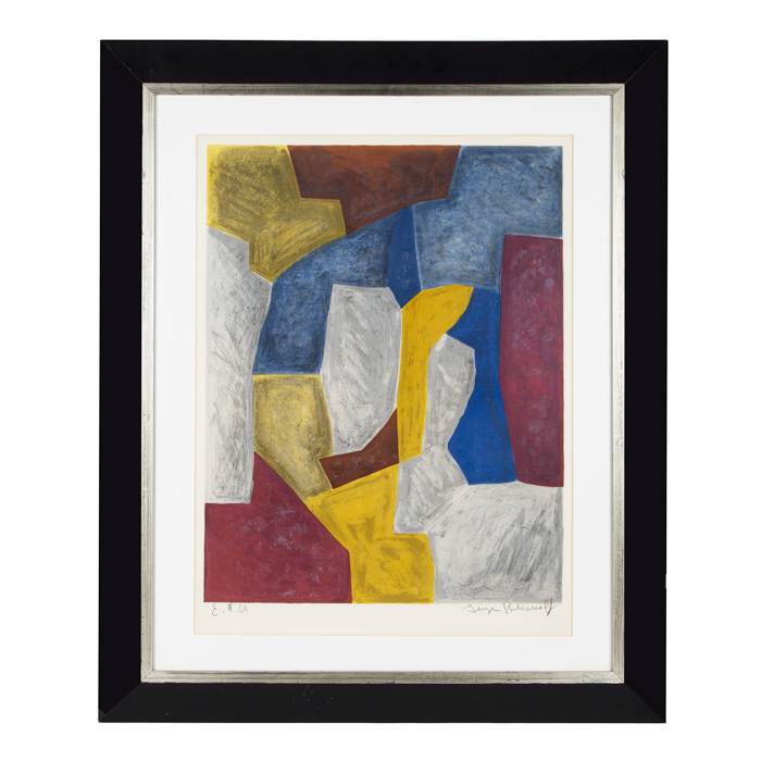Serge Poliakoff, "Composition Carmin, jaune, grise et bleue", lithographie en couleurs sur papier, signée, annotée et encadrée, de 1959 - 00pp