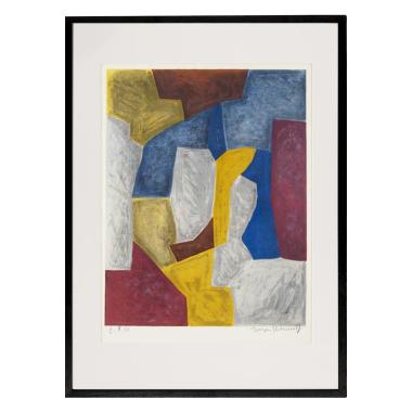 Serge Poliakoff, "Composition Carmin, jaune, grise et bleue", lithographie en couleurs sur papier, signée, annotée et encadrée, de 1959