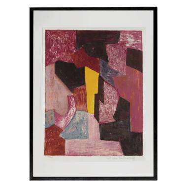 Serge Poliakoff, "Composition rouge, carmin et jaune", lithographie en couleurs sur papier, signée, numérotée et encadrée, de 1958