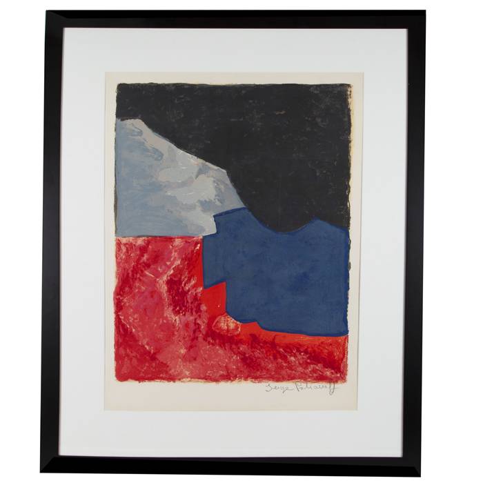 Serge Poliakoff, "Composition rouge, grise et noire", lithographie en couleurs sur papier, édition limitée, signée et encadrée, de 1960 - 00pp