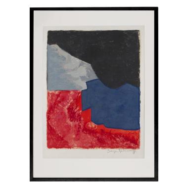 Serge Poliakoff, "Composition rouge, grise et noire", lithographie en couleurs sur papier, édition limitée, signée et encadrée, de 1960