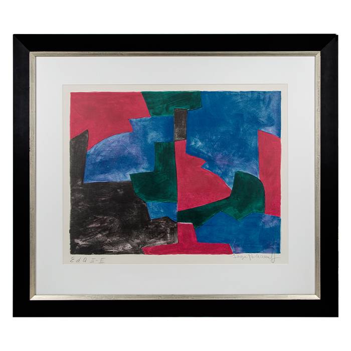 Serge Poliakoff, "Composition verte, rouge et bleue", lithographie en couleurs sur papier, signée, annotée et encadrée, de 1966 - 00pp