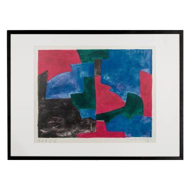 Serge Poliakoff, "Composition verte, rouge et bleue", lithographie en couleurs sur papier, signée, annotée et encadrée, de 1966