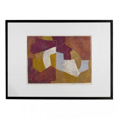 Serge Poliakoff, "Composition carmin, brune, jaune et grise", lithographie en couleurs sur papier, signée, annotée et encadrée, de 1956