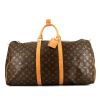 Bolsa de viaje Louis Vuitton Keepall 55 cm en lona Monogram marrón y cuero natural - 360 thumbnail