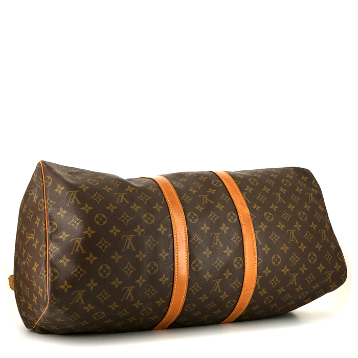 Sac de voyage Louis Vuitton Keepall 55 cm en toile monogram marron et cuir naturel - Detail D4