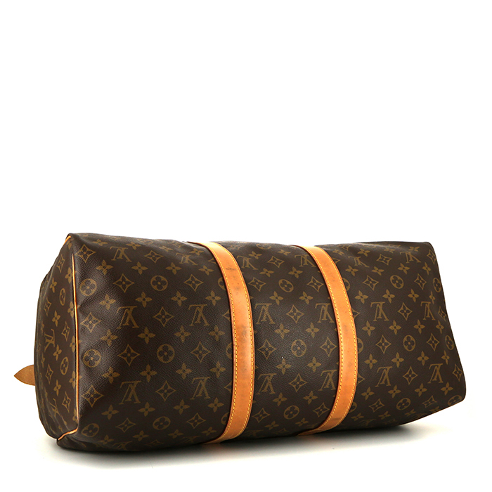 Bolsa de viaje Louis Vuitton Keepall 50 cm en lona Monogram marrón y cuero natural - Detail D4