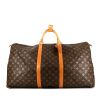 Bolsa de viaje Louis Vuitton Keepall 60 cm en lona Monogram marrón y cuero natural - 360 thumbnail