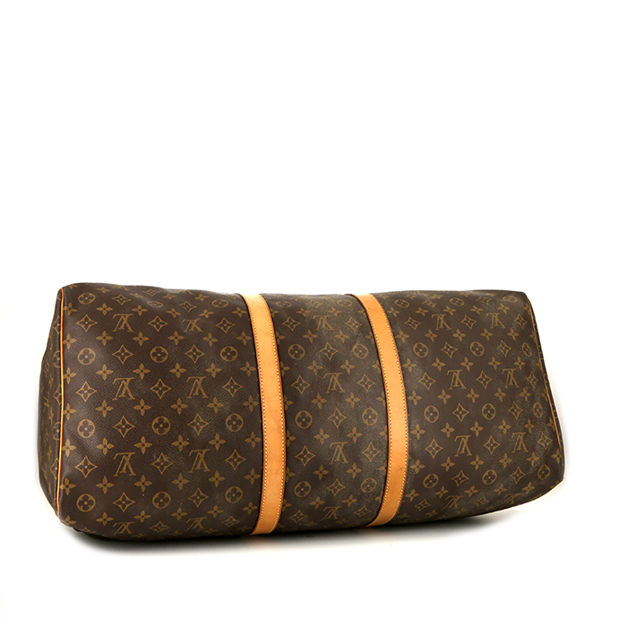 Louis Vuitton Keepall 60 cm travel bag in brown monogram canvas and natural leather - Detail D4