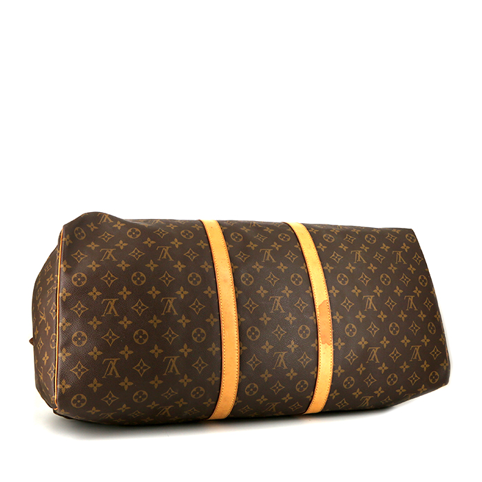 Borsa da viaggio Louis Vuitton Keepall 60 cm in tela monogram marrone e pelle naturale - Detail D4