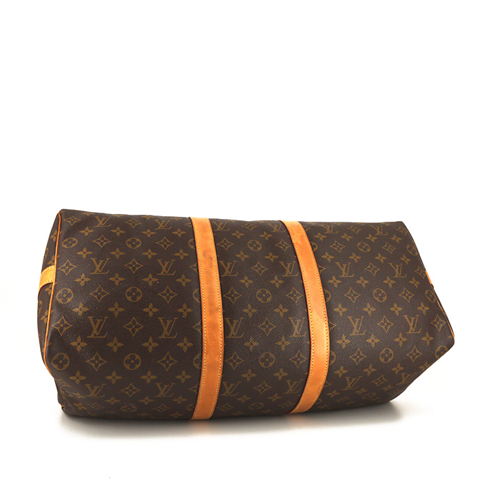 Bolsa de viaje Louis Vuitton Keepall 50 cm en lona Monogram marrón y cuero natural - Detail D4