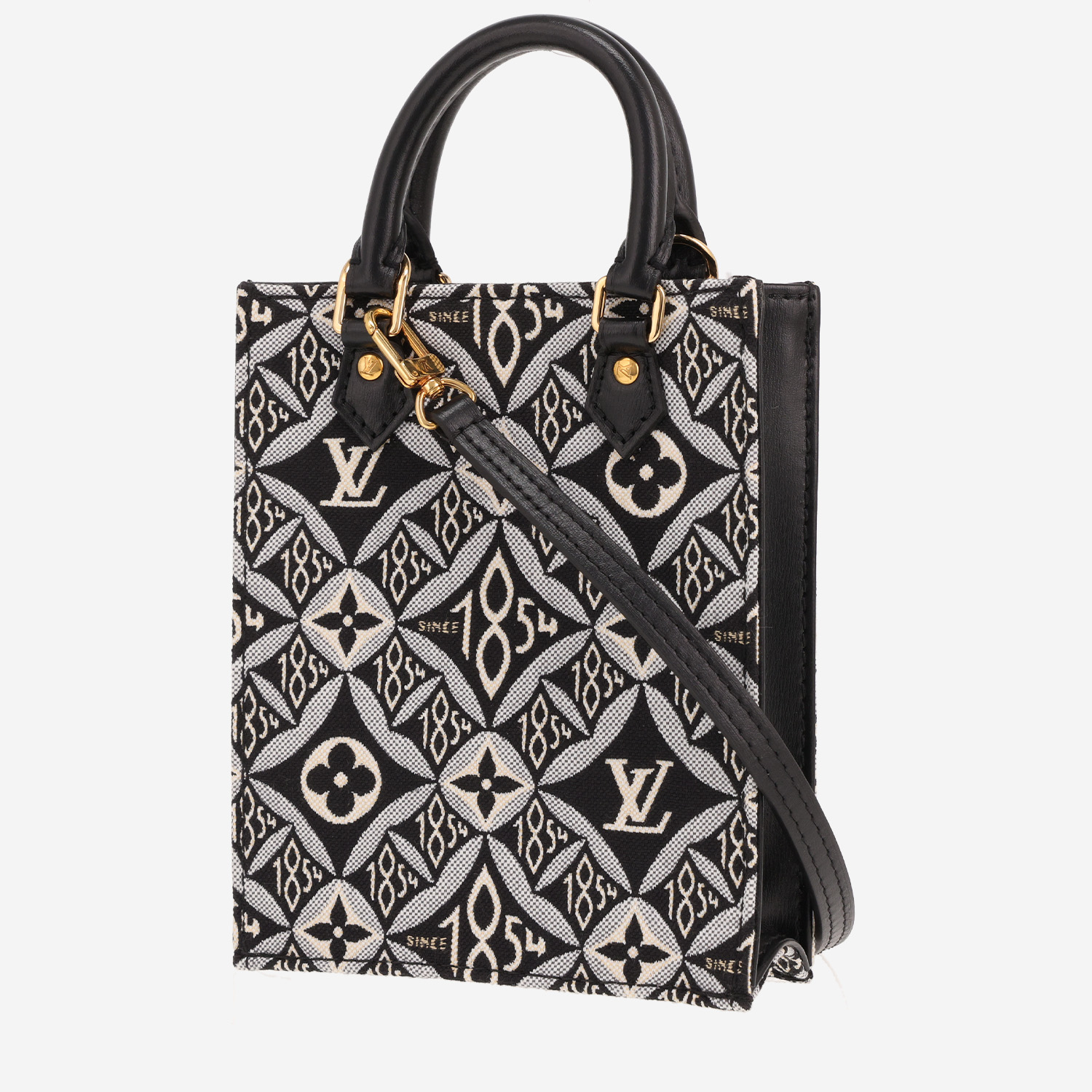 Louis Vuitton Sac Plat small model shoulder bag in black, white and blue monogram canvas and black leather