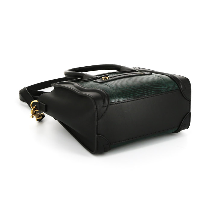 Sac bandoulière Celine Luggage Mini en cuir noir et lézard vert - Detail D5