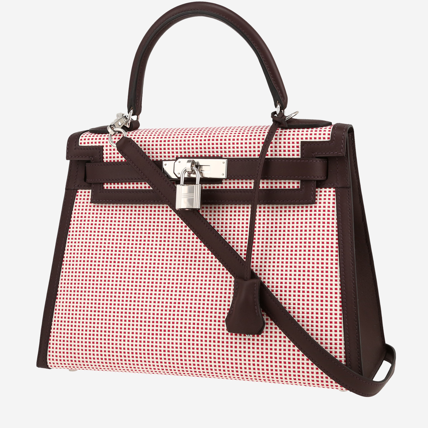 Hermès Kelly 28 cm Quadrille handbag in bicolor canvas and red Sellier Swift leather