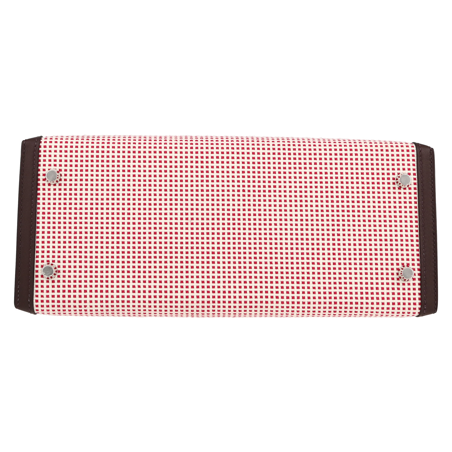 Bolso de mano Hermès Kelly 28 cm en lona bicolor y cuero swift rojo Sellier - Detail D1