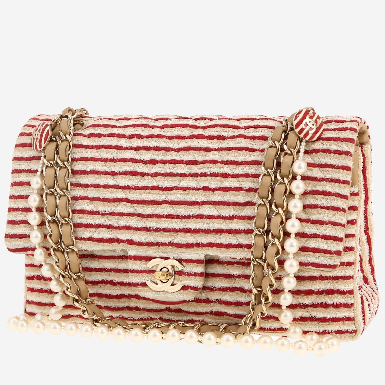 Sac à main Chanel  Timeless Classic en toile jersey tricolore beige blanche et rouge