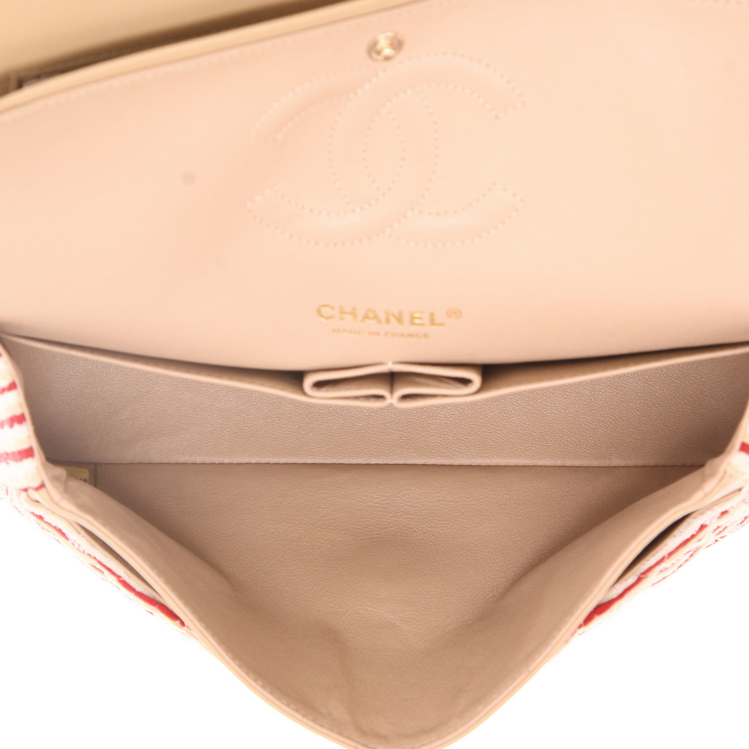 Sac à main Chanel  Timeless Classic en toile jersey tricolore beige blanche et rouge - Detail D3