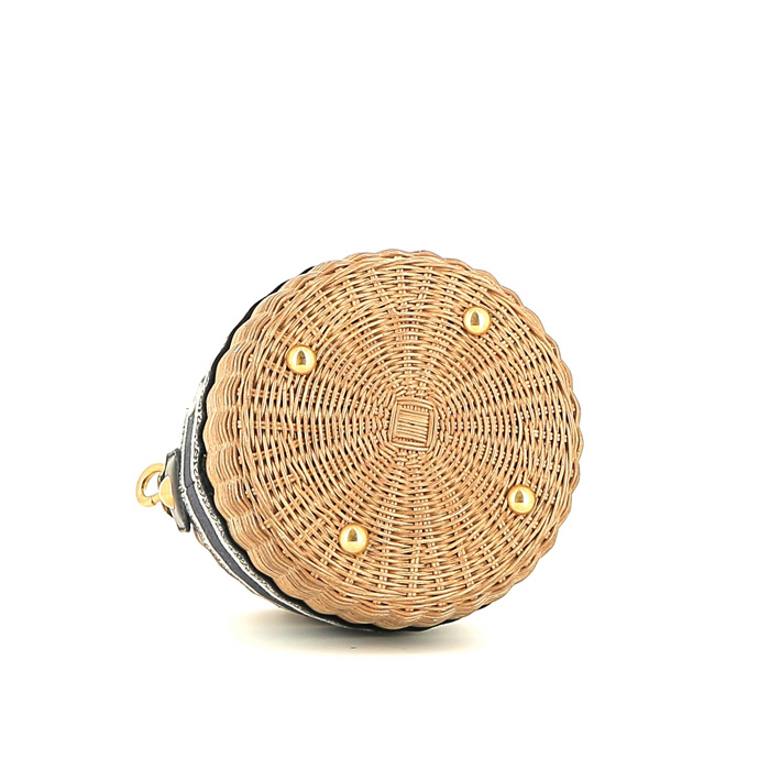 Dior Bucket shoulder bag in wicker and blue monogram canvas Oblique - Detail D4