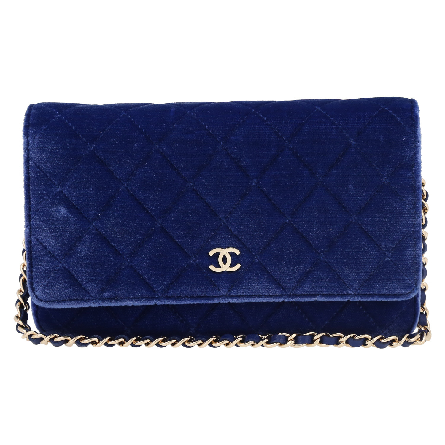 Pochette Chanel Wallet on Chain in velluto trapuntato blu reale - Detail D2