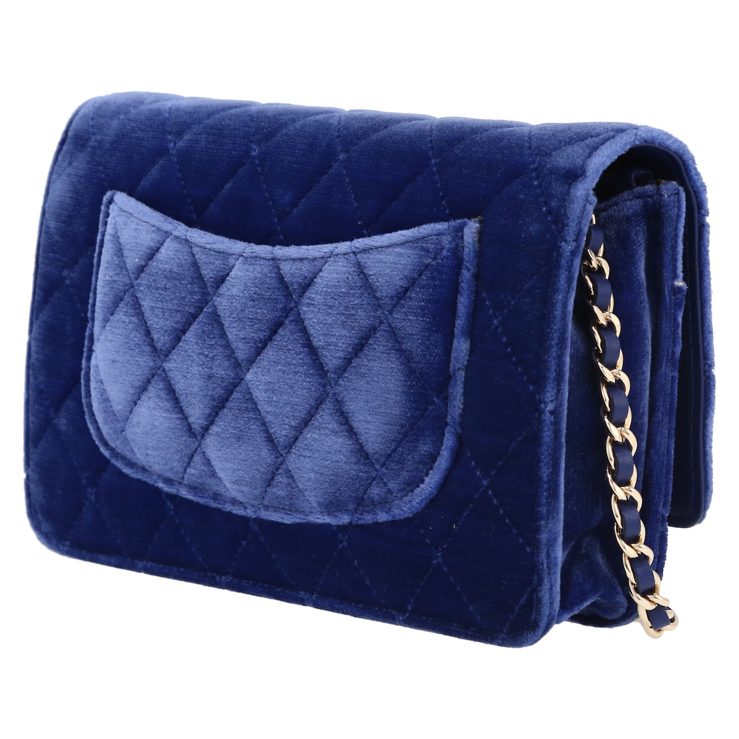 Pochette Chanel Wallet on Chain in velluto trapuntato blu reale - Detail D5