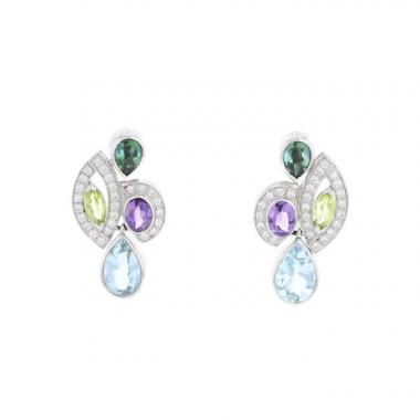 Paire de boucles d'oreilles Fred Princess K en or blanc,  diamants et pierres de couleurs