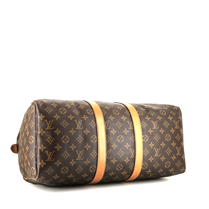 Bolsa de viaje Louis Vuitton  Keepall 45 en lona Monogram marrón y cuero natural - Detail D4