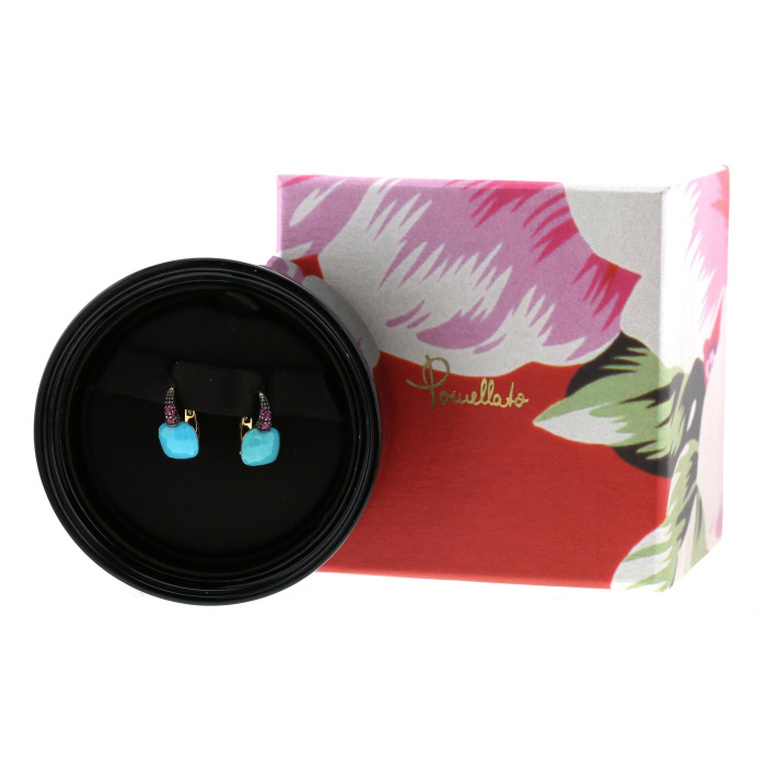 Pendientes Pomellato Capri modelo pequeño de oro rosa, turquesas y rubíes - Detail D2