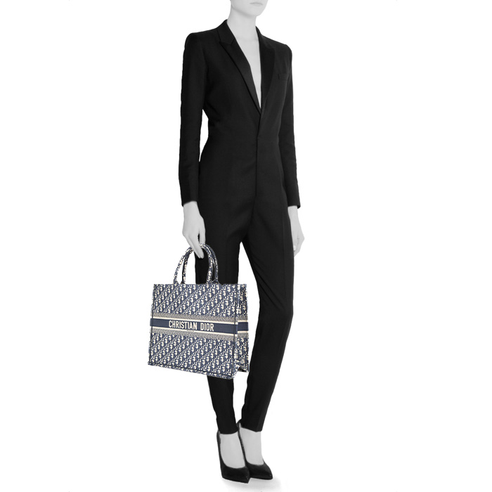 Shopping bag Dior Book Tote modello grande in tessuto a monogramma Oblique blu e beige - Detail D1