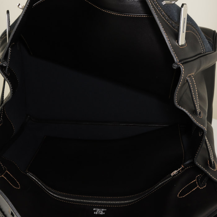 Sac à main Hermès  Birkin Ghillies en toile denim bleu-jean et cuir Swift noir - Detail D2