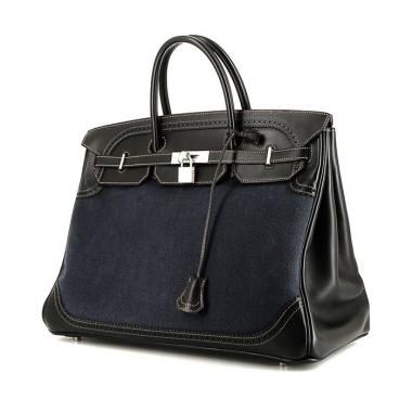 Hermès  Birkin Ghillies handbag  in blue jean denim canvas  and black Swift leather