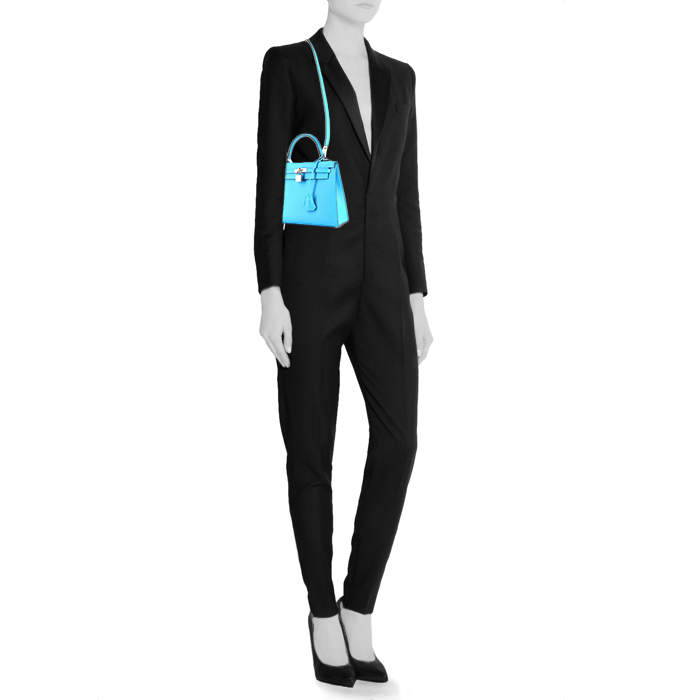 Bolso de mano Hermès  Kelly 25 cm en cuero epsom azul Frida - Detail D2